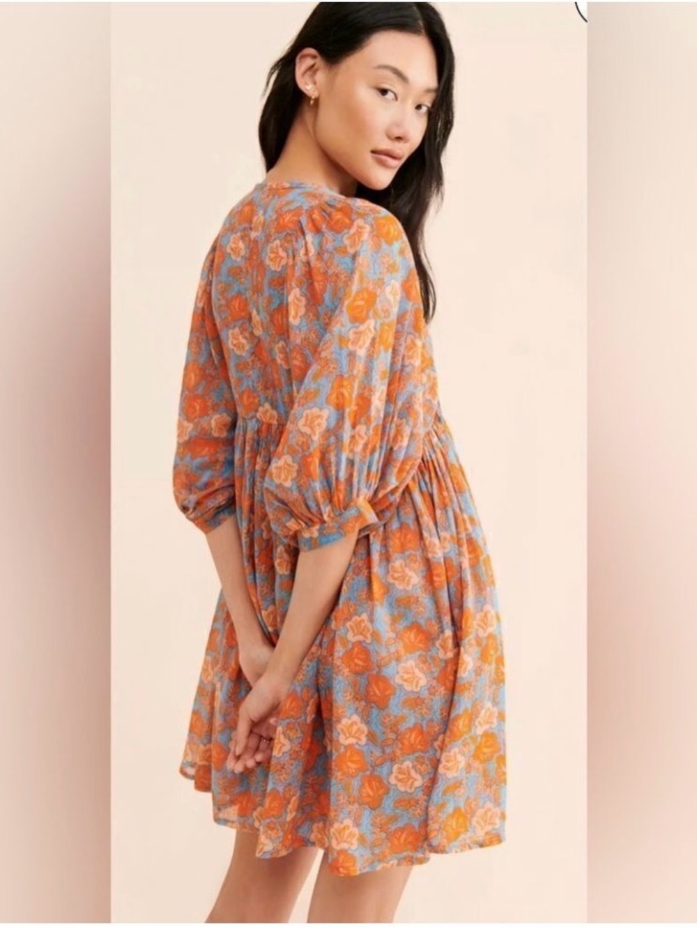 Sundry Orange and Blue Floral Puff-Sleeve Mini Dress - Picture 3 of 6